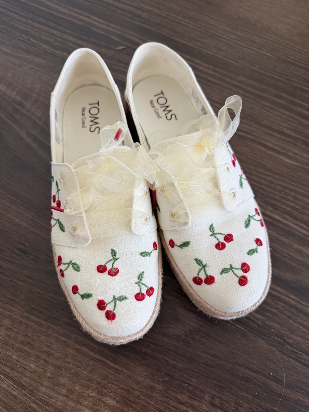 TOMS Cream Canvas Espadrille Slip-Ons with Red Cherry Embroidery